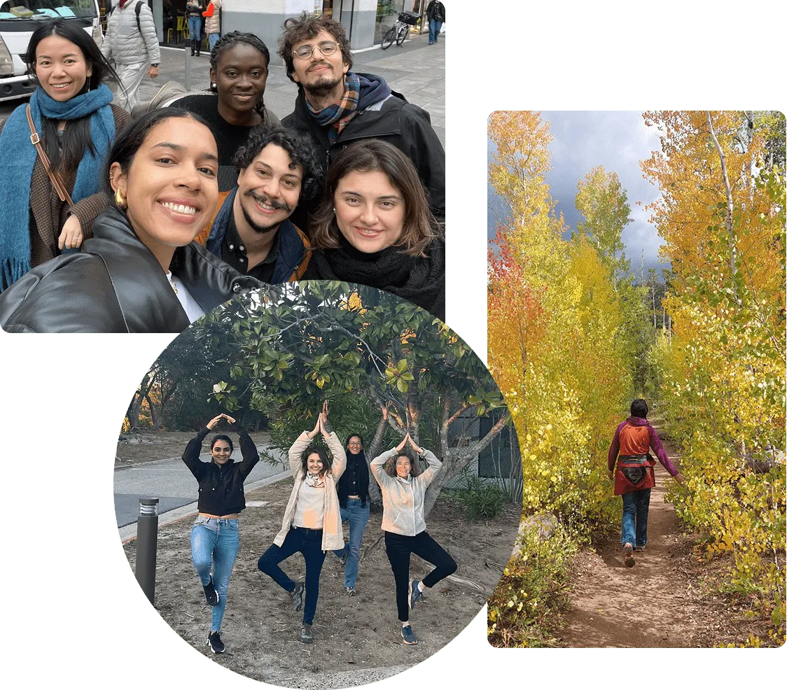 Calyx Global team members collage showing team collaboration and autumn outdoor scene